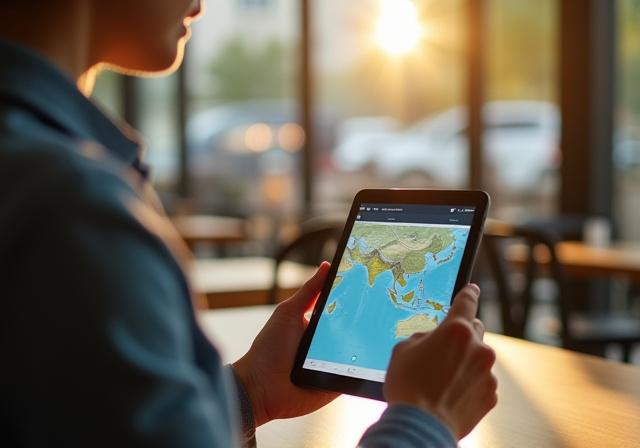 A traveler using a digital tablet to plan a trip at a bright cafe