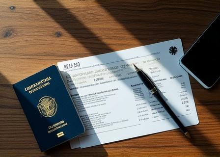 A passport and travel documents on a wooden desk