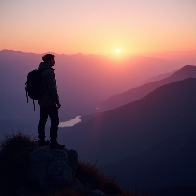 A traveler looking over a mountain range during golden hour