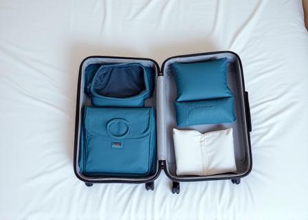 Efficiently packed carry-on suitcase on a bed