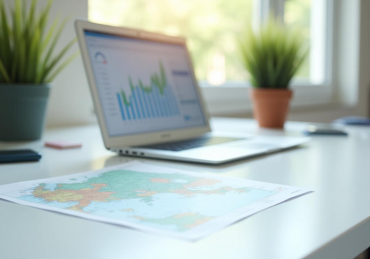 Modern workspace with travel maps and devices