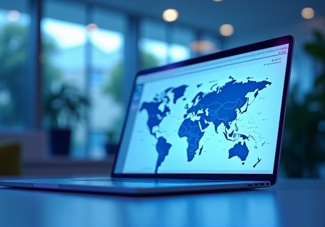 Modern travel planning office with maps and laptops